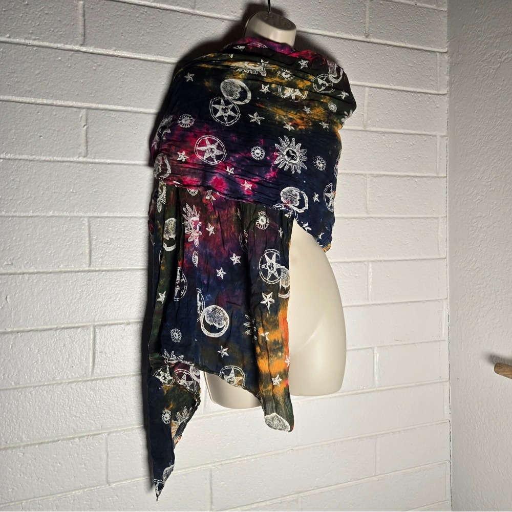 Vtg Womens Scarf Sarong Tie Dye Celestial Moon Sun Pentagram Whimsigoth Beach